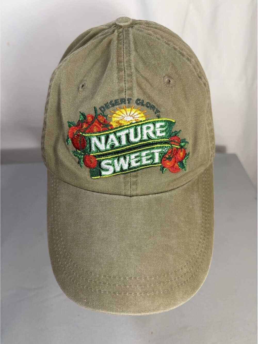 NatureSweet Desert Glory Tomato Logo Vtg Khaki Leather Strap Embroidered Cap